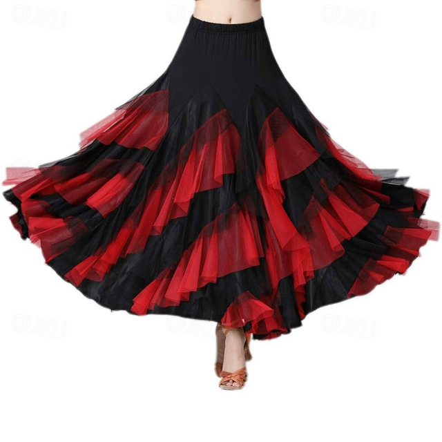  Women's Elegant Dance Hall Latin Dance Party Long Skirt with Layered Hem