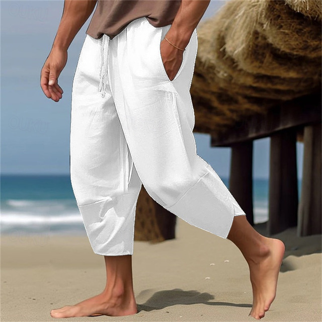  Men's Linen Pants Capri Pants Pocket Drawstring Elastic Waist Plain Comfort Breathable Calf-Length Vacation Daily Holiday Hawaiian Boho ArmyGreen Black