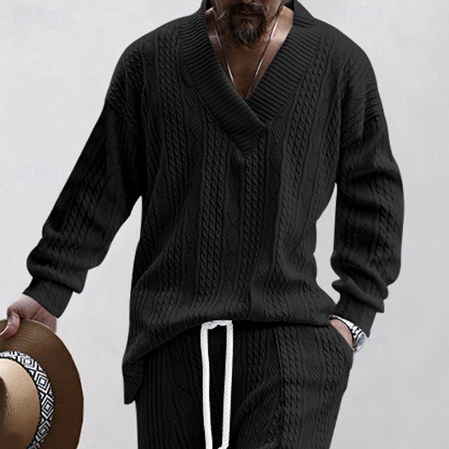  Men's T Shirt Tee Tee Top Long Sleeve Shirt Long Sleeve V Neck Fall N / A Plain Fashion Designer Basic Jacquard Vacation Street Going out Black White Navy Blue Top Tee for Men