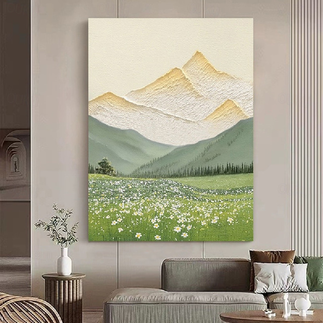  handmålad bergssida landskap oljemålning på duk handgjorda texturerade guld bergsträd i höst gul gräsmark akrylmålning flod landskapsmålning väggkonst oljemålning