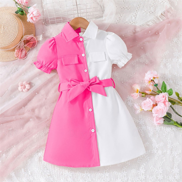  Kids Girls' Dress Color Block Short Sleeve Outdoor Casual Tie Knot Puff Sleeve Fashion Adorable Polyester Knee-length Casual Dress A Line Dress Summer Spring 4 years+ Yellow Pink Purple