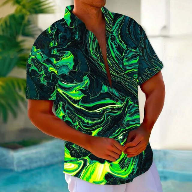  Men's Abstract Marble Shirt Button Up Shirt Short Sleeve Fashion Casual Vacation Streetwear Beach Wear Summer Fall Turndown 3D Print Collared Shirts Front One Pocket Green
