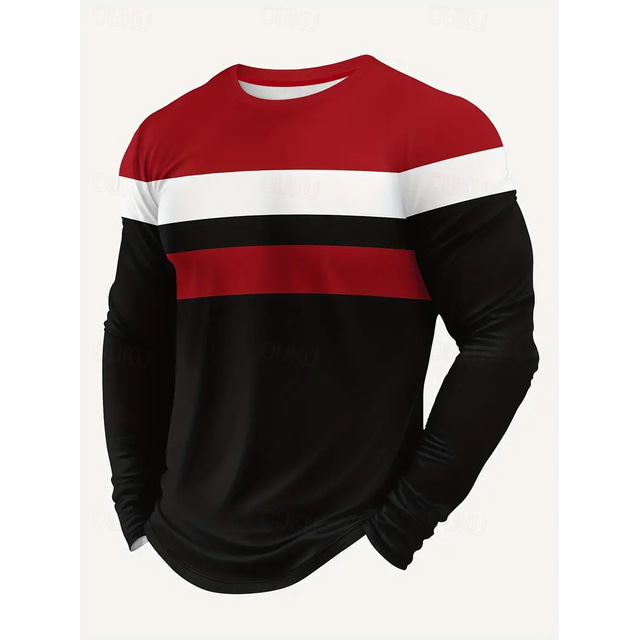  Men's Tee Tee Top Long Sleeve Shirt Long Sleeve Crewneck Spring &  Fall Stripes Fashion Designer Color Block Vacation Street Going out Gray+White Red+Black Top Tee for Men