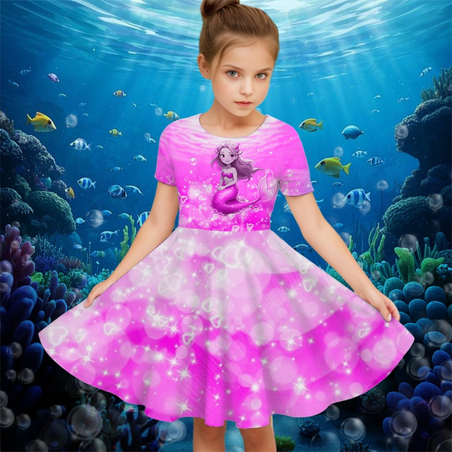  Girls' 3D Graphic Mermaid Dress Short Sleeve Summer Spring Vacation Daily Holiday Princess Beautiful Sweet Kids 4-12 Years Casual Dress A Line Dress Knee-length Regular Fit