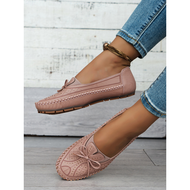  Moccasin Loafers for Women – Soft Shoes with Bow Detail and Rhinestone Design, Ideal for Casual Comfort and Spring/Summer Walks