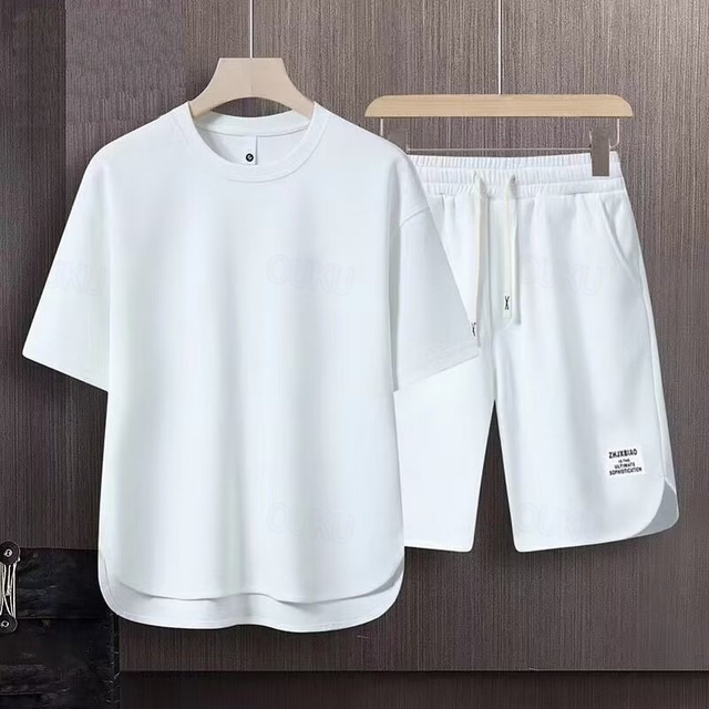  Men's Workout Set Tracksuit T shirt & Shorts Set Outfit Set Crew Neck Outdoor Daily Sports Pocket Drawstring 2 Piece Plain Black White Apricot Polyester Activewear Classic Casual Summer