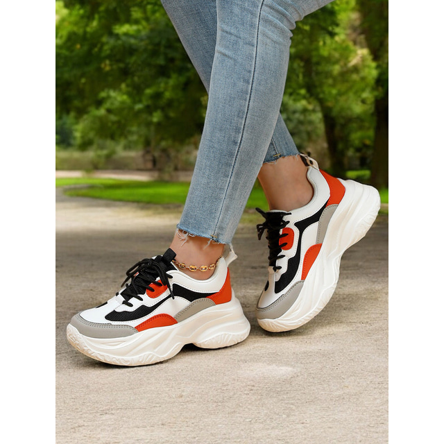 dikke dad sneakers voor dames – witte en oranje modieuze platform hardloopschoenen voor casual, streetwear en sportieve stijl