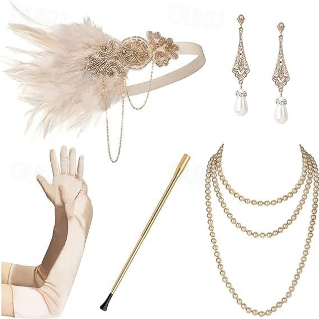  Roaring 20s 1920s Flapper Headband Accesories Set The Great Gatsby Charleston Feather Women's New Year Masquerade Party Bachelorette Party Adults' Gloves Earrings Necklace