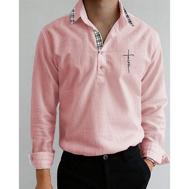  Men's Shirt Popover Shirt Summer Shirt Casual Shirt Beach Shirt White Pink Long Sleeve Plaid Cross Lapel Vacation Hawaiian Patchwork Clothing Apparel Fashion Casual Comfortable