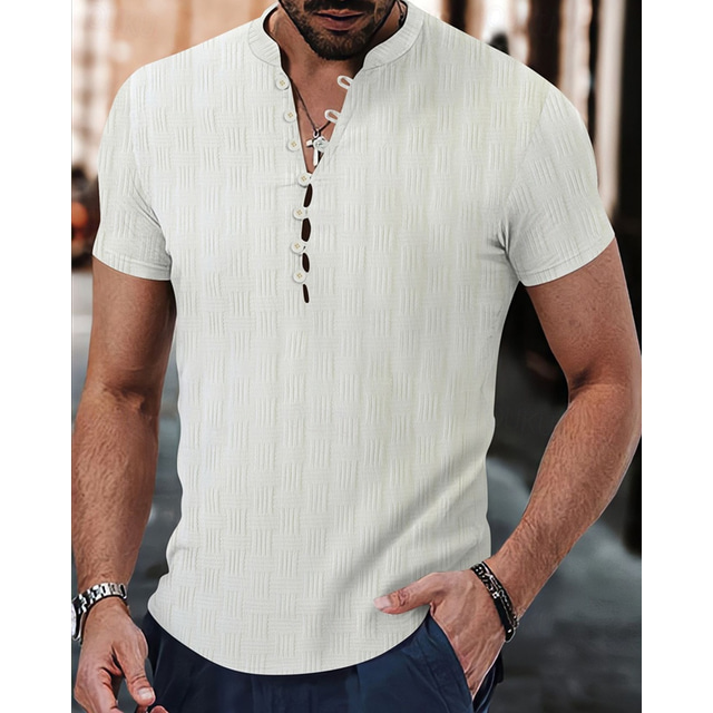  Herr Skjorta Popover skjorta Sommarskjorta Casual skjorta Strandskjorta Svart Vit Rodnande Rosa Blå Beige Kortärmad Slät Bandkrage Semester Hawaiisk Jacquard Kläder Mode Ledigt Bekväm