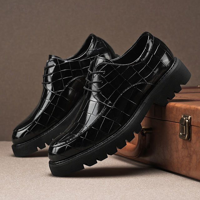  Men's Brown Derby Shoes - Faux Leather with Crocodile Texture Embossing, Stylish and Versatile Footwear for Men, Ideal for Casual, Office and Everyday Wear