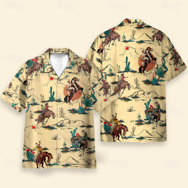  Kentucky Derby Men's Cowboy Horse Racing Shirt Cuban Collar Shirt Short Sleeve Vintage Retro Vacation Holiday Festival Summer Spring Camp Collar Shirt 3D Print Funny Kentucky Derby Shirts Light Yellow