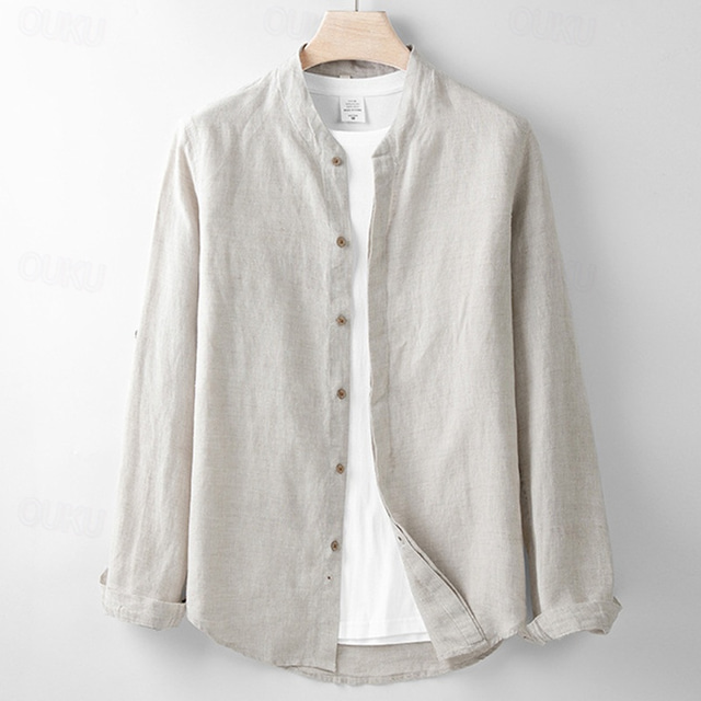  Voor heren Overhemd Linnen overhemd Normaal shirt Overhemd met knopen Effen Vakantie Hawaii Wit Marineblauw Beige Lange mouw Band Kraag Lente Herfst Kleding Button-omlaag