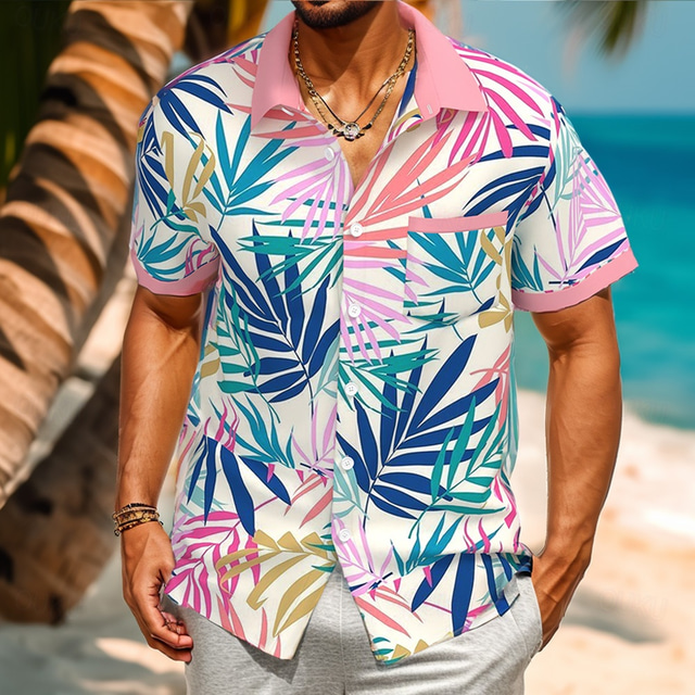  Men's Colorful Palm Leaf Tropical Plants Summer Hawaiian Shirt Button Up Shirt Short Sleeve Hawaiian Resort Vacation Holiday Beach Wear Summer Spring Turndown Collared Shirts Front One Pocket Pink
