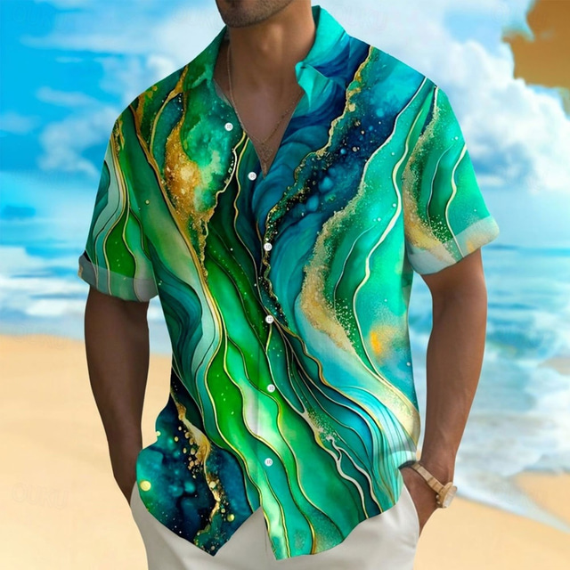  Men's Abstract Marble Shirt Button Up Shirt Short Sleeve Fashion Casual Vacation Holiday Streetwear Summer Spring Turndown 3D Print Collared Shirts Green