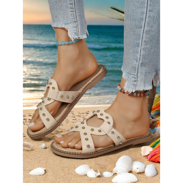  Women's Black Studded Slip-On Sandals with Stylish Strap Design – Comfortable and Trendy Beach Footwear for Summer