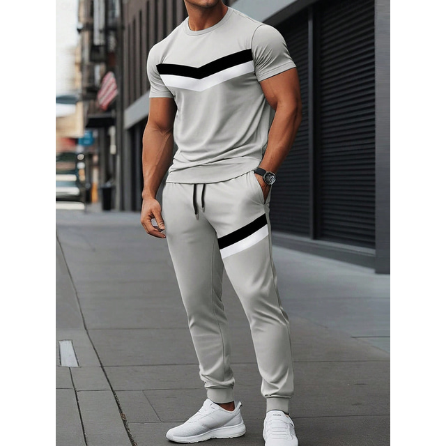  Bărbați Costume de tricou Seturi de cămașă și pantaloni tinute 2 piese Manșon scurt Crewneck Vară Bloc Culoare Dungi Modă Casual 2 bucăți Vacanță Purtare Zilnică Ieșire Negru Gri Top tricou pentru