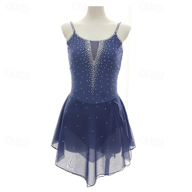  Figure Skating Dress Women's Girls' Ice Skating Dress Dark Navy Patchwork Open Back Mesh Spandex Stretchy Training Practice Professional Skating Wear Thermal Warm Crystal / Rhinestone Sleeveless Ice
