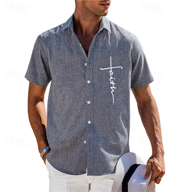  Men's Summer Shirt Casual Shirt Beach Shirt Button Up Shirt Black Blue Green khaki Gray Short Sleeve Pattern Faith Lapel Vacation Hawaiian Clothing Apparel Polyester Fashion Casual Comfortable