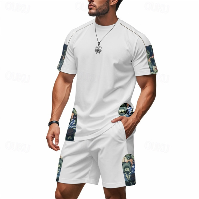  Men's T-shirt Suits 2 Pieces Outfits Tee & Shorts Short Sleeve Crew Neck Summer Graphic Fashion Casual 2 Piece Vacation Daily Wear Going out Black White Brown Top Tee for Men