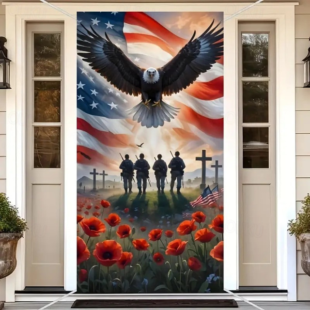 4th of July Veteran's Day Door Decorations Door Covers American Door Tapestry Door Curtain Decoration Backdrop Indoor/Outdoor Door Banner for Front Door Farmhouse