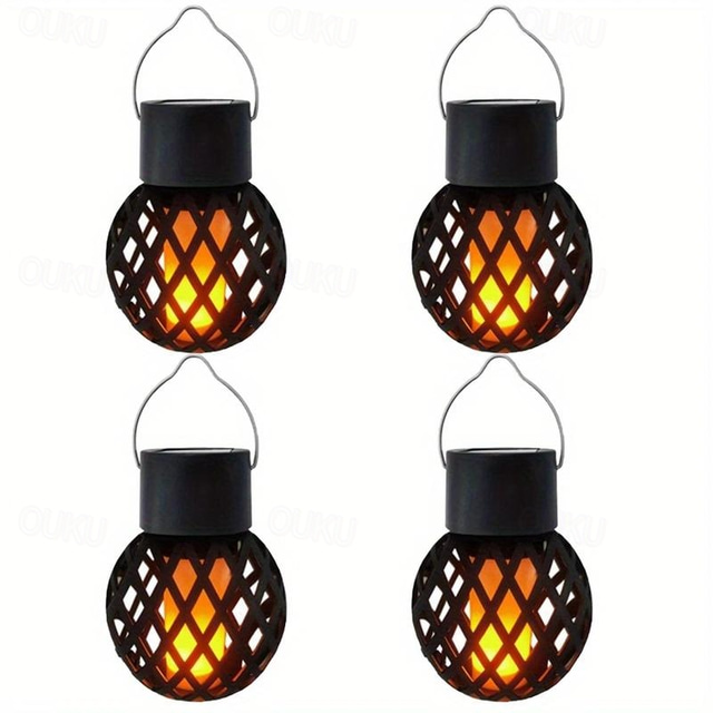  4 stk led utendørs solcellelys terrasselys drevet liten hengende kule flammelampe hul hengende lampe tregren atmosfære led lampe gårdsplass hage hengelys