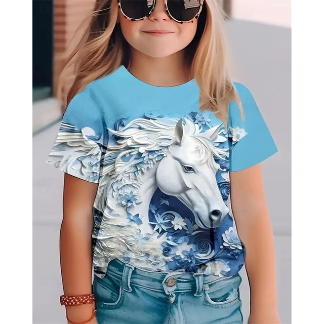  Dla dziewczynek 3D Konik Podkoszulek T-shirt Krótki rękaw Lato Wiosna Moda Podstawowy Dzieci 4-12 lat Półgolf Na zewnątrz Codzienny Regularny