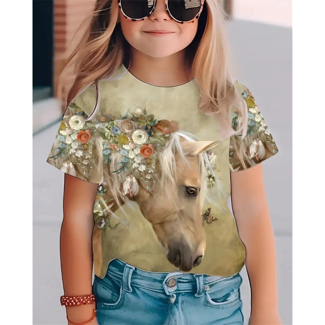  Girls' 3D Horse T shirt Tee Short Sleeve Summer Spring Fashion Basic Kids 4-12 Years Crew Neck Outdoor Casual Daily Regular Fit