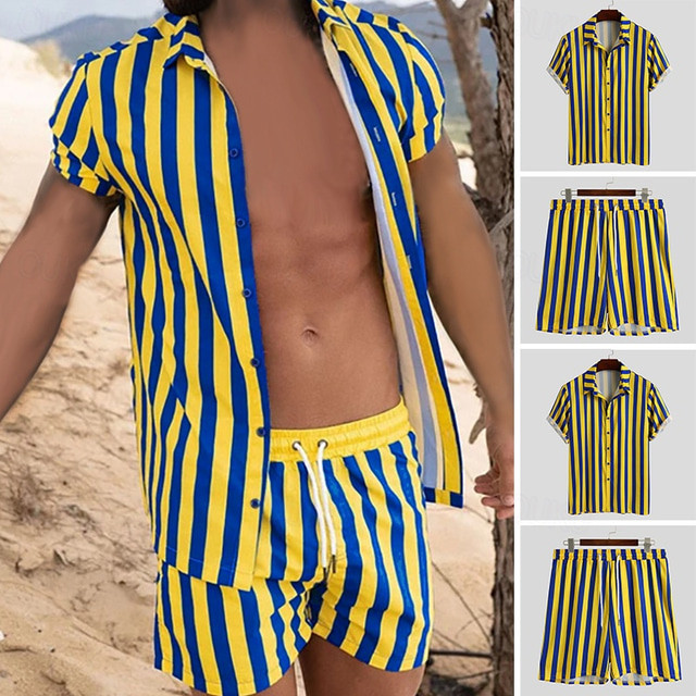  Men's T-shirt Suits 2 Pieces Outfits Tee & Shorts Short Sleeve Shirt Collar Summer Stripes Fashion Casual 2 Piece Vacation Daily Wear Going out Yellow Top Tee for Men
