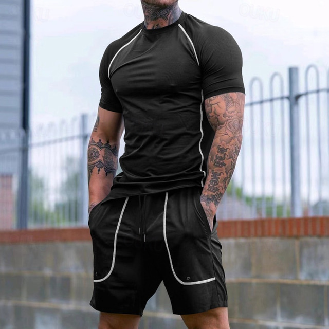  Men's T-shirt Suits Tennis Shirt Shorts and T Shirt Set Short Sleeves Crew Neck Summer Color Block Gymnatics Casual 2 Piece Vacation Daily Wear Activewear Black Brown Gray Top Tee for Men