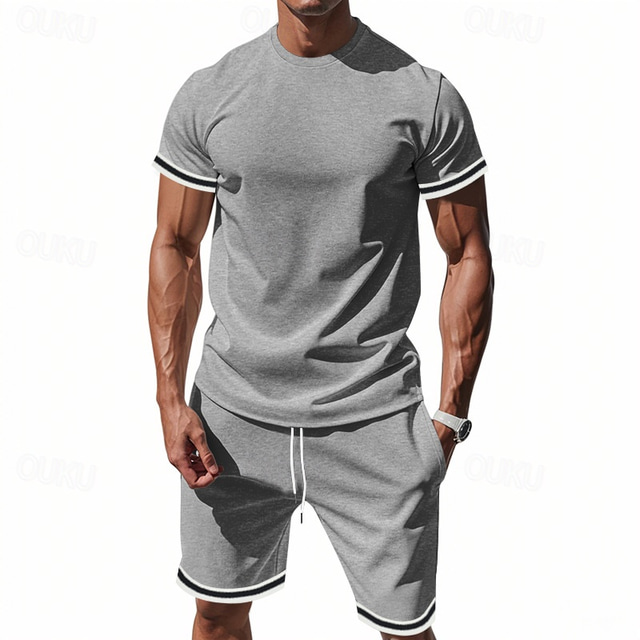  Men's T-shirt Suits 2 Pieces Outfits Tee & Shorts Short Sleeve Standing Collar Summer Striped Fashion Casual 2 Piece Vacation Daily Wear Going out Black Red Dark Navy Top Tee for Men