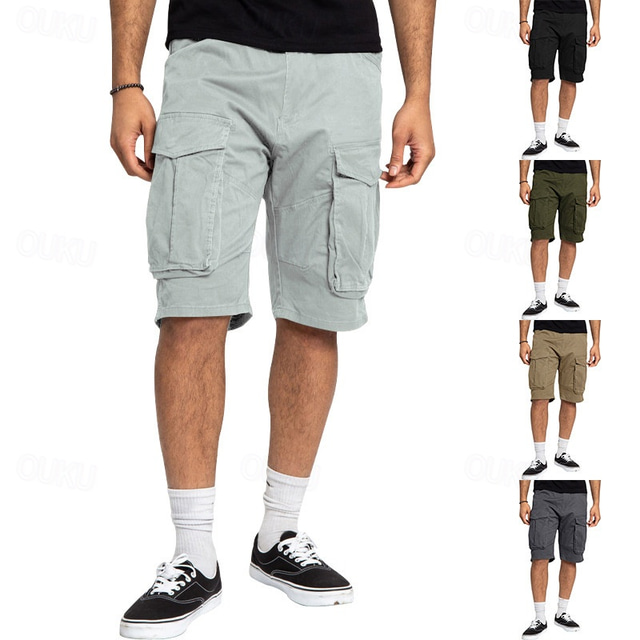  Men's Cargo Shorts Shorts Summer Shorts Drawstring Elastic Waist Multi Pocket Plain Comfort Wearable Knee Length Outdoor Sport Daily Fashion Casual Black Khaki