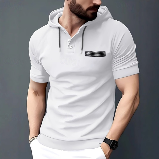  Men's T Shirt Henley Shirt Tee Short Sleeve Shirt Short Sleeve Hooded Summer Solid / Plain Color Fashion Designer Fashion Vacation Street Going out Black White Dark Navy Top Tee for Men