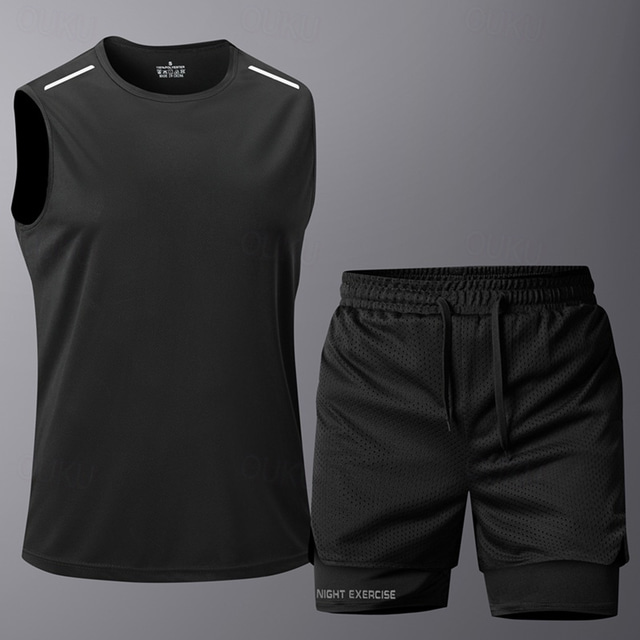  Men's Tracksuit Running T-Shirt With Shorts 2 Piece Reflective Strip Casual Long Sleeve Breathable Soft Fitness Gym Workout Running Sportswear Activewear Solid Colored Dark Grey Black White