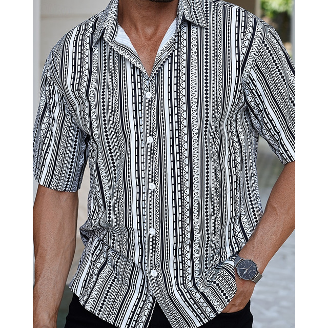  Herren Hemd Sommerhemd Freizeithemd Strandhemd Knopfhemd Schwarz Kurzarm Streifen Hemdkragen Urlaub Hawaiianisch Bekleidung Polyester Mode Lässig Bequem