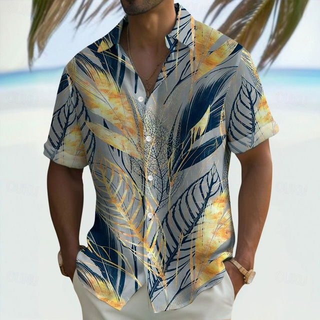  Men's Palm Leaf Tropical Plants Shirt Summer Hawaiian Shirt Button Up Shirt Short Sleeve Hawaiian Resort Vacation Holiday Beach Wear Summer Spring Turndown 3D Print Collared Shirts Gray
