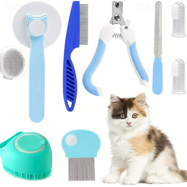  7 buc/set set de perie de îngrijire pentru pisici și câini perie de autocurățare pentru animale de companie cu tăietor de unghii și pile pieptene pentru purici pentru câine perie de baie pentru