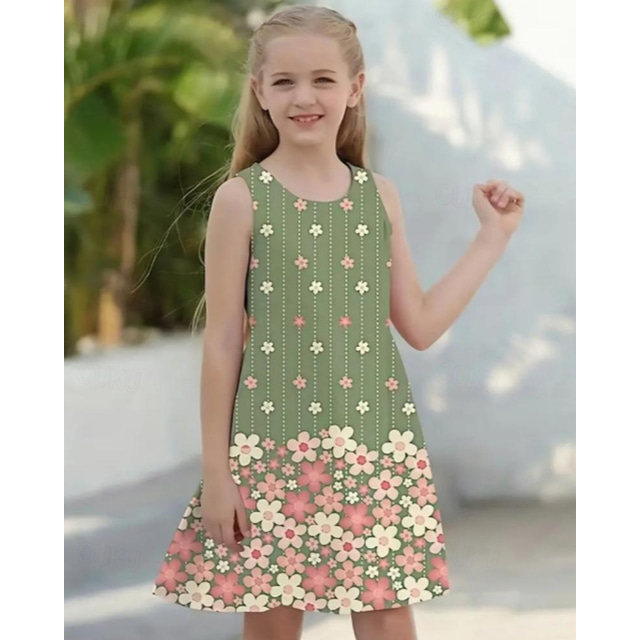  Girls' 3D Floral Graphic Dress Sleeveless Summer Spring Vacation Daily Holiday Princess Beautiful Sweet Kids 4-12 Years Casual Dress A Line Dress Knee-length Regular Fit
