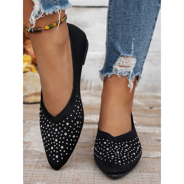  Women's Flyknit Rhinestone Pointed-Toe Flats - Elegant Sparkly Slip-On Shoes for Special Occasions & Daily Wear