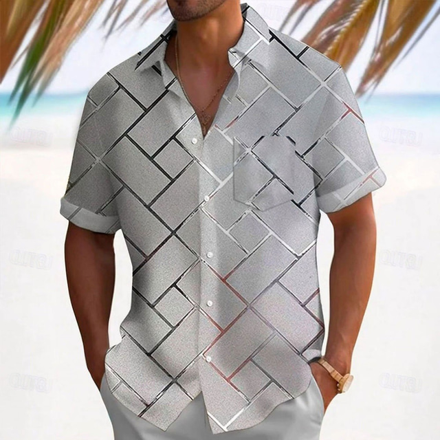  Men's Geometric Grid / Plaid Shirt Casual Shirt Button Up Shirt Short Sleeve Fashion Casual Vacation Holiday Streetwear Summer Spring Turndown 3D Print Collared Shirts Front One Pocket Gray