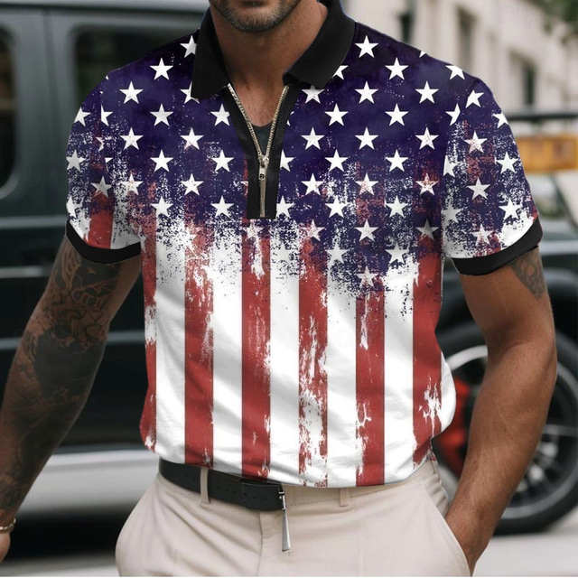  Men's American US Flag Zip Polo Shirts Short Sleeve Polo Shirts Collared Shirts Casual Athleisure Daily Wear 3D Print Summer Red Navy Blue Sky Blue