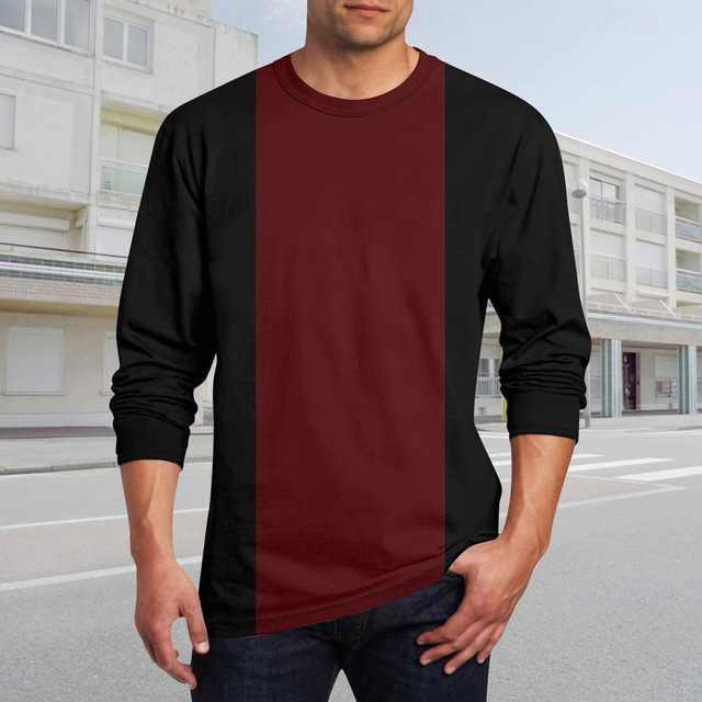  Men's Tee Tee Top Long Sleeve Shirt Long Sleeve Crewneck Spring &  Fall Solid / Plain Color Fashion Designer Color Block Vacation Street Going out Dark Blue Red Brown Top Tee for Men
