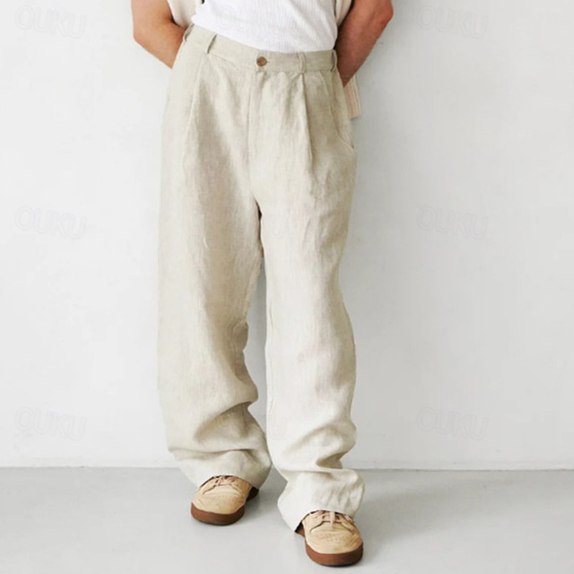  Men's Linen Pants Trousers Summer Pants Beach Pants Buttons Pocket Plain Comfort Breathable Vacation Daily Holiday Hawaiian Boho Black Khaki