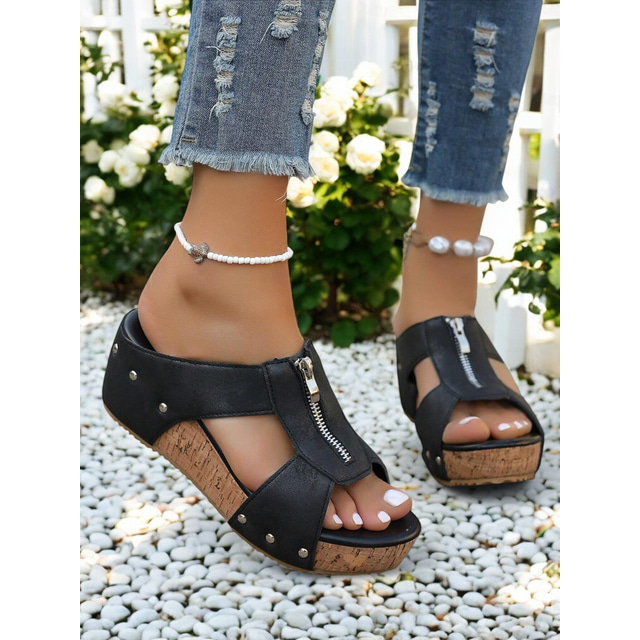  Women's Rivet Wedge Sandals – Peep-Toe Cork Platform Shoes with Zipper Closure for Casual & Summer Wear