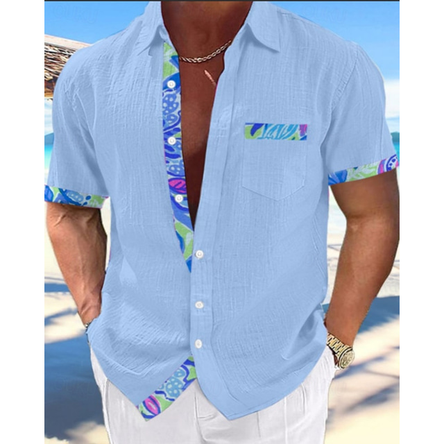  Men's Shirt Summer Shirt Casual Shirt Beach Shirt Button Up Shirt Blue Short Sleeve Jigsaw Lapel Vacation Hawaiian Clothing Apparel Polyester Fashion Casual Comfortable