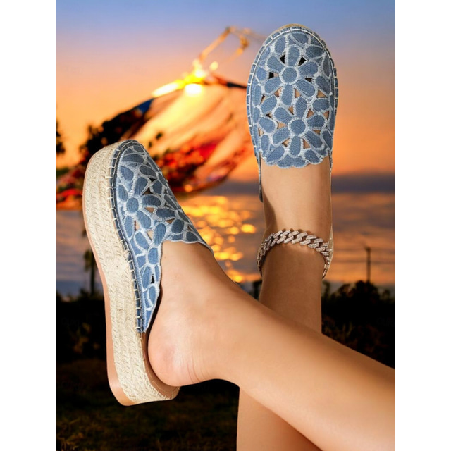  Women's Blue Lace Espadrille Mules – Floral Cutout Slip-On Platform Shoes for Summer, Casual Outings, and Beachwear