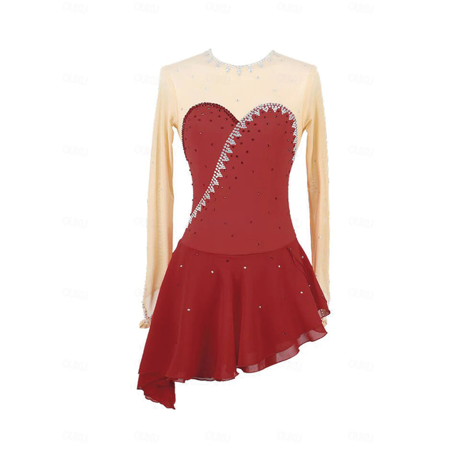  Figure Skating Dress Women's Girls' Ice Skating Dress Burgundy Patchwork Open Back Mesh Spandex Stretchy Training Practice Professional Skating Wear Thermal Warm Crystal / Rhinestone Long Sleeve Ice