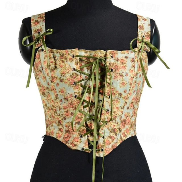  Retro / vintage Rokokoo Keskiaika Korsetti Liivi Bustier Viikinki Kelttiläinen ritari Haltia Solmittava Kukka Naamiaispuku Naisten Kelttiläinen Fantasia Halloween Karnevaali Suoritus Juhla LARP