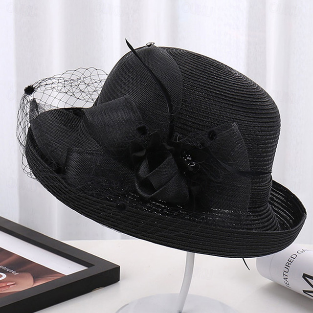  Hats Tulle Straw Hat Holiday Tea Party Horse Race Cocktail Elegant Vintage Cute With Floral Tulle Headpiece Headwear