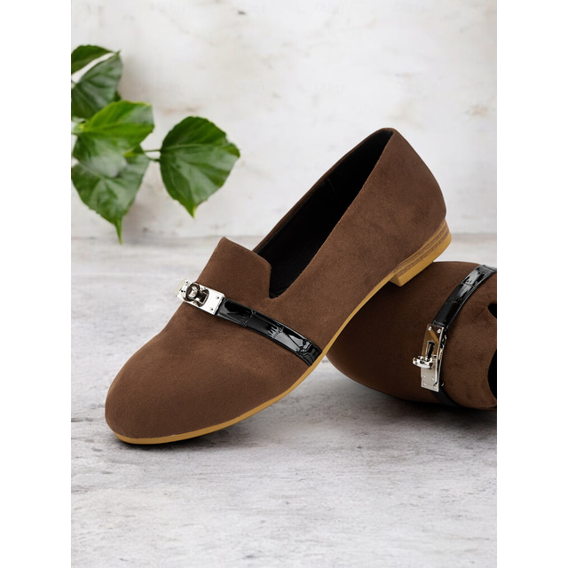  Women's Faux Suede Loafers - Stylish Flat Shoes with Patent Leather Buckle for Work & Casual Outfits